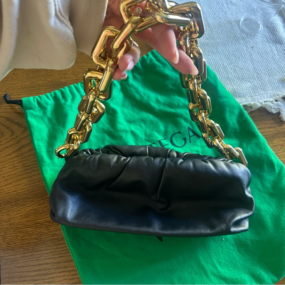 Botegga Black Leather Pouch Bag with Gold Chain - Picture 7 of 10